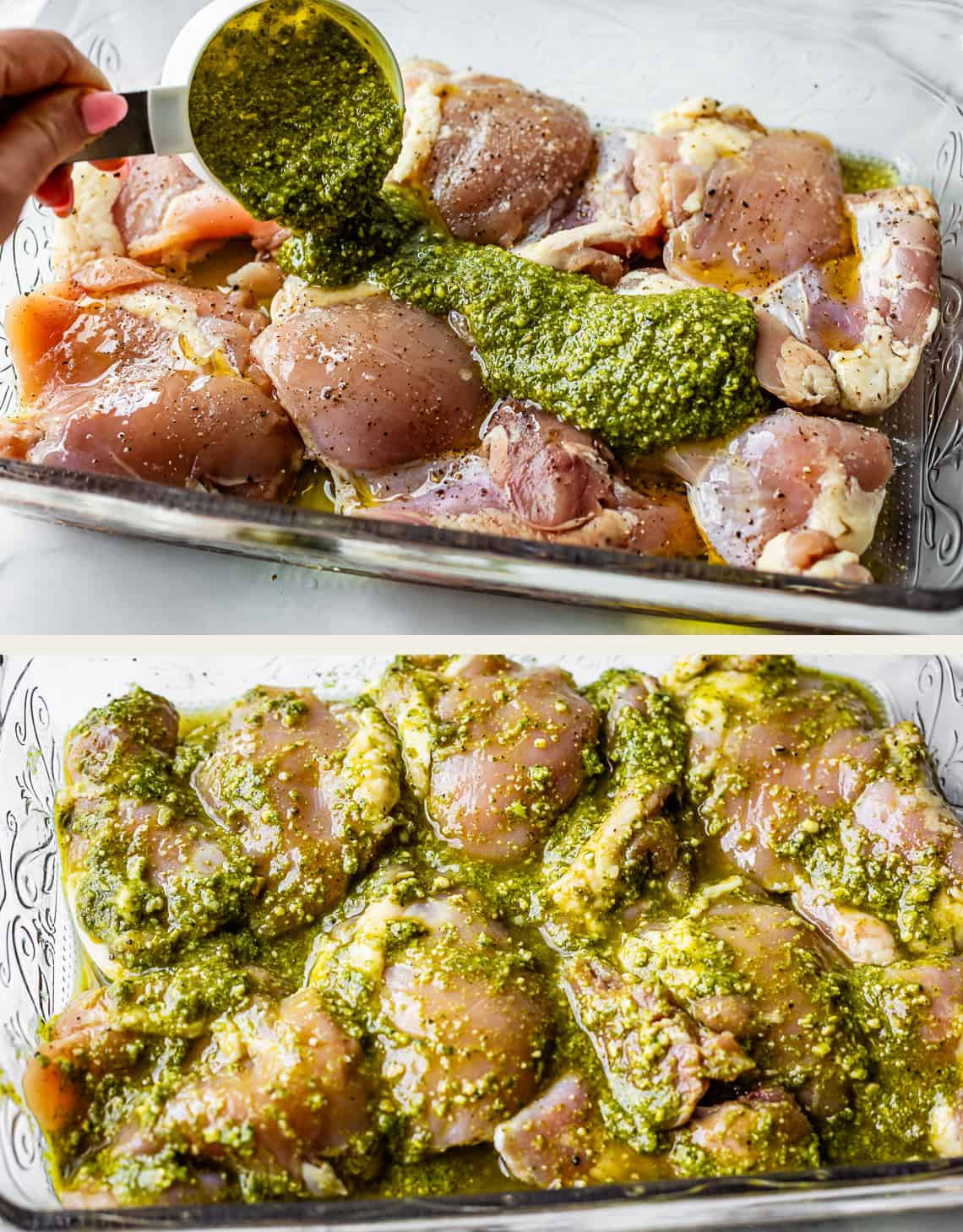 Two images: The top shows pesto sauce being poured over raw chicken thighs in a glass baking dish. The bottom shows the chicken pieces fully coated in the green pesto marinade, ready to bake.