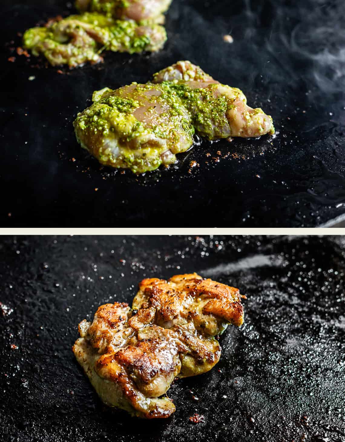 Two images show chicken cooking on a hot surface: the top image has raw chicken marinated with green pesto, and the bottom image shows the same chicken cooked to a golden brown.
