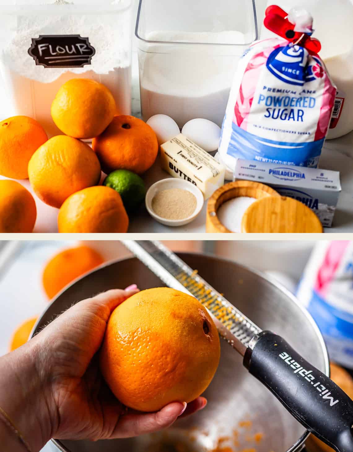 Top: Baking ingredients including flour, oranges, lime, eggs, butter, cream cheese, granulated sugar, and powdered sugar on a counter. Bottom: Hand zesting an orange over a metal mixing bowl with a microplane grater.