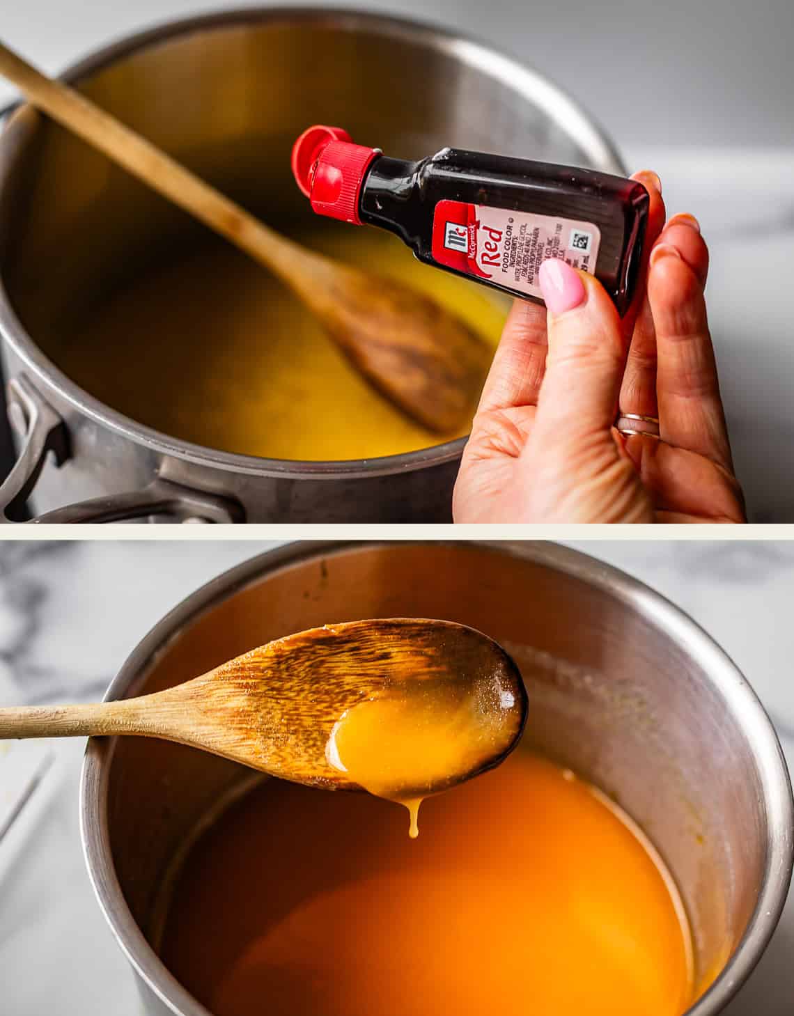 Two images: The top shows a hand holding a bottle of red food coloring over a pot of orange liquid with a wooden spoon. The bottom shows a close-up of the spoon lifting some of the orange liquid from the pot.