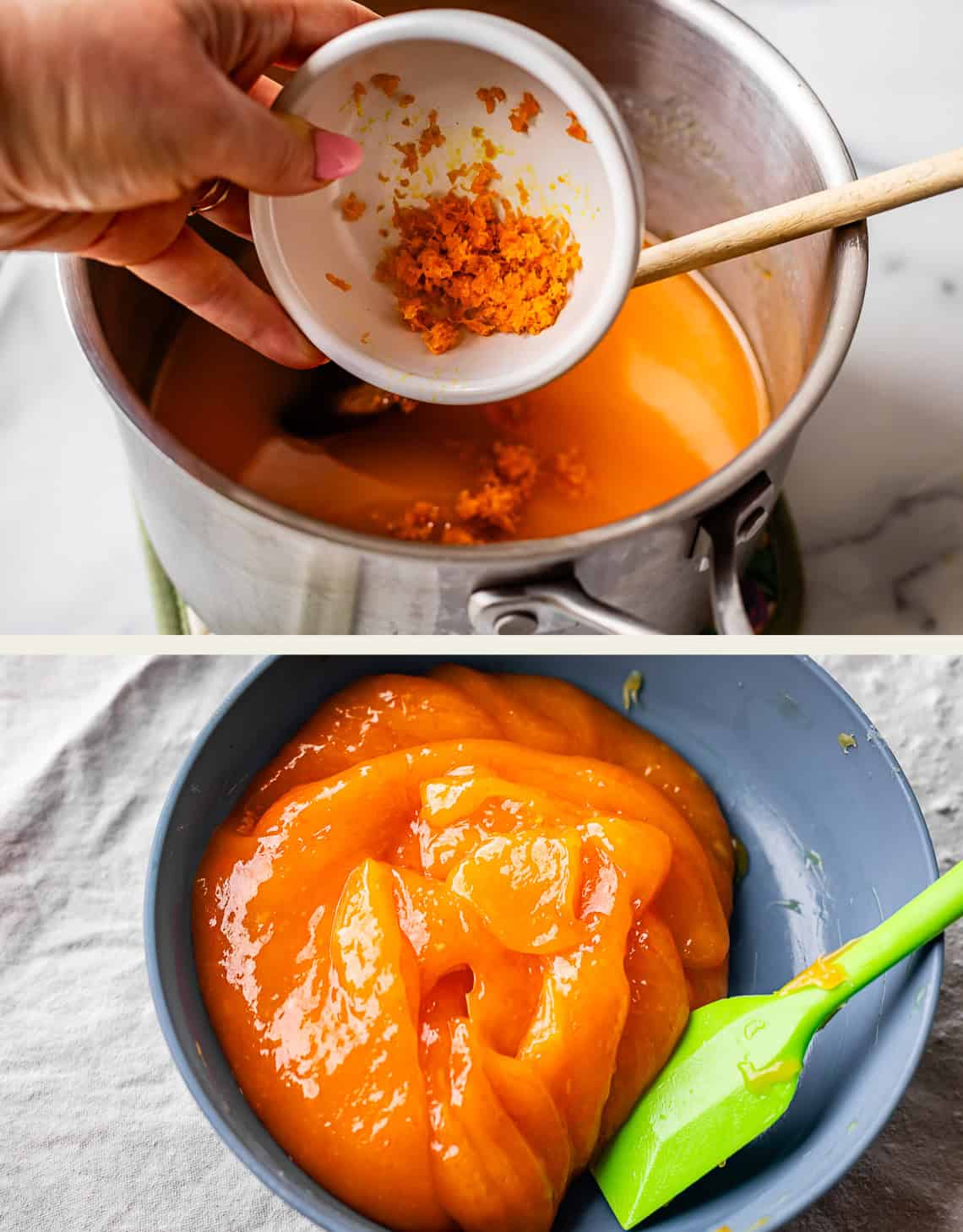 A hand adds orange zest to a saucepan of orange mixture. Below, smooth, glossy orange paste is in a bowl with a green spatula.