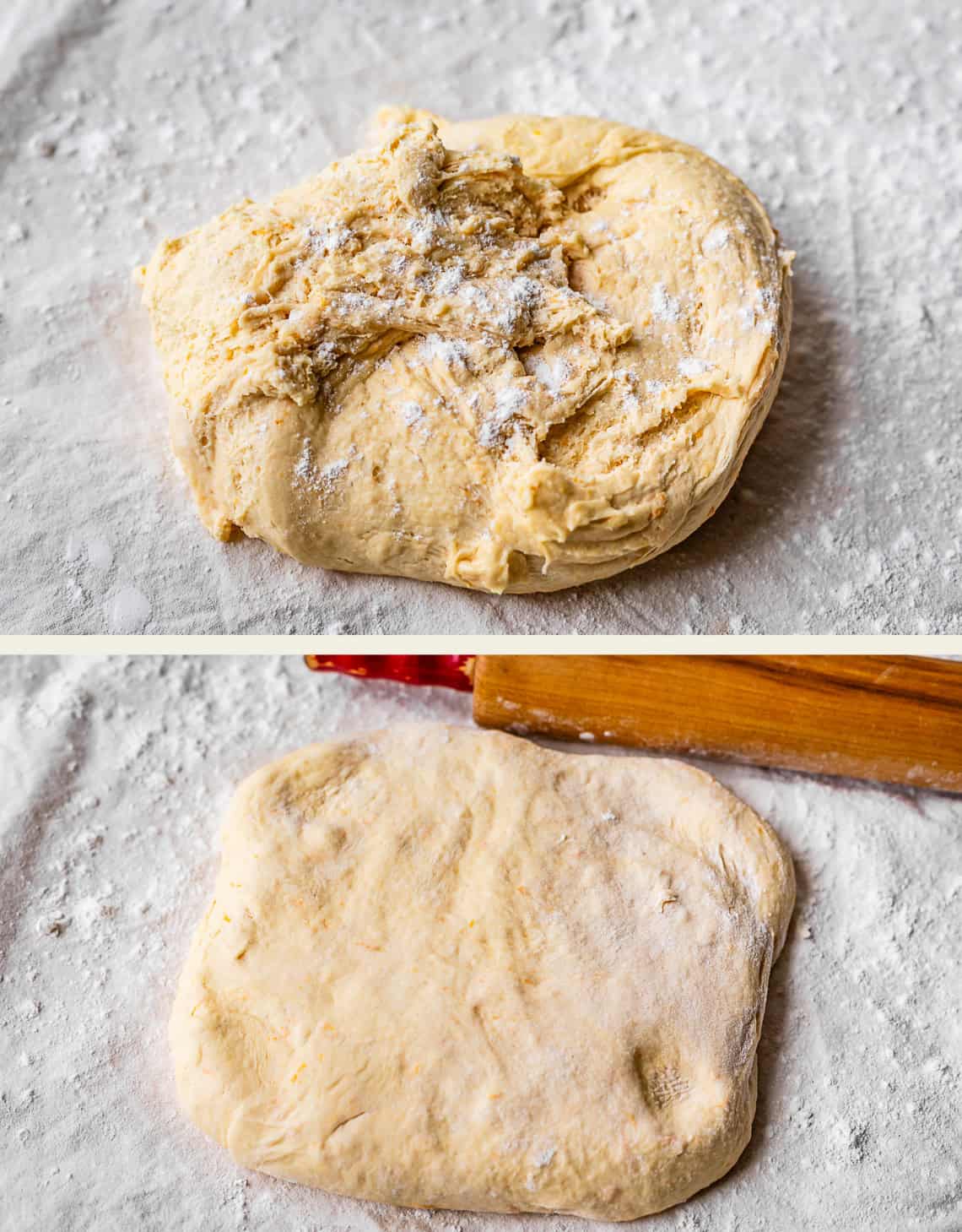 Two images of dough on a floured surface: the top shows a rough, unshaped dough, and the bottom shows the dough smoothed and flattened with a rolling pin visible in the background.