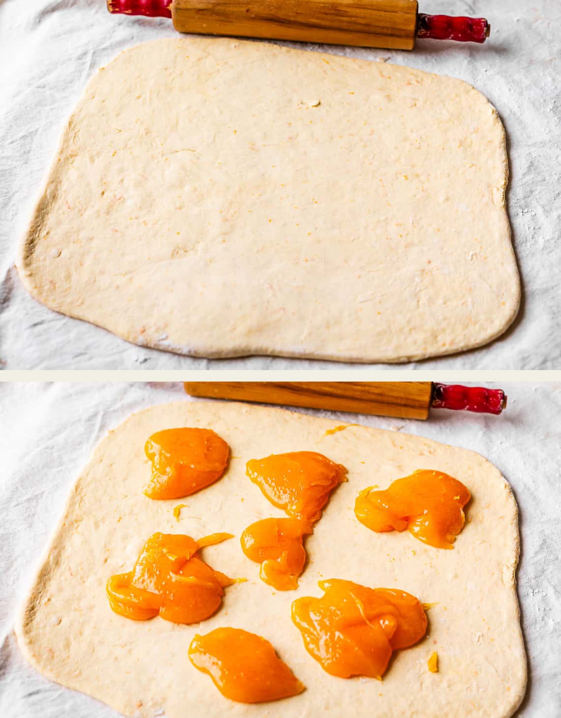 Two images: The top shows a square sheet of dough rolled out with a rolling pin above it. The bottom shows the same dough with several dollops of orange fruit filling spread across its surface.