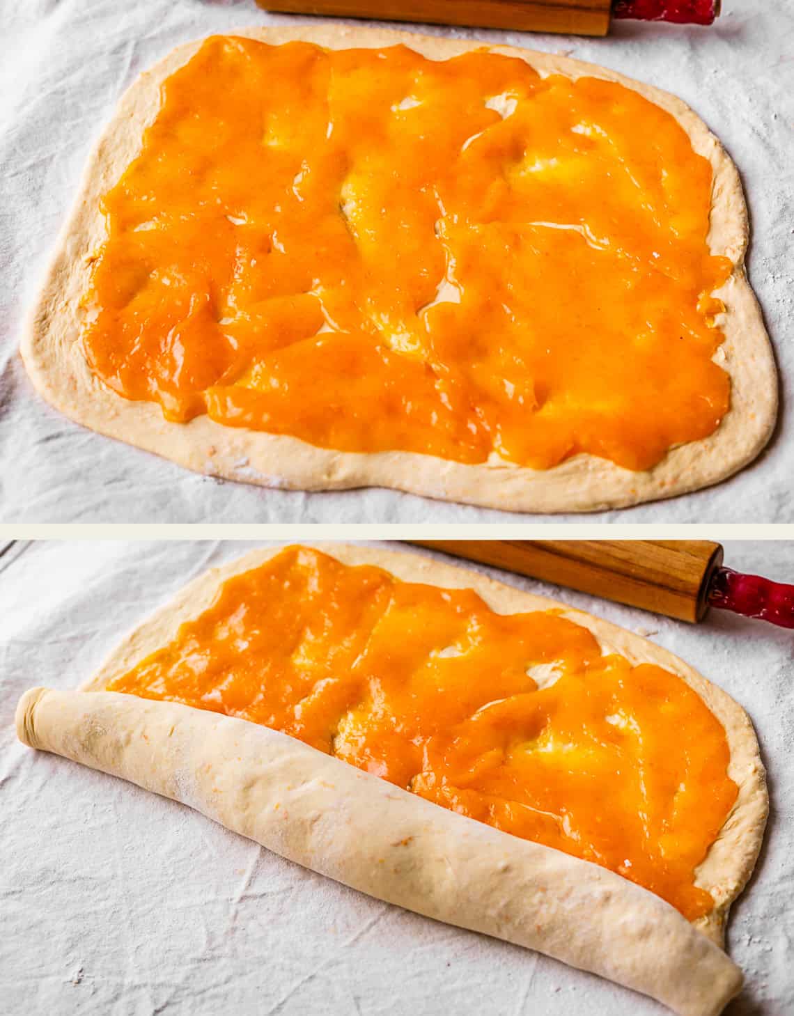 Two-panel image: Top panel shows a rectangular dough spread with orange jam. Bottom panel shows the dough being rolled up, starting from one edge, with a rolling pin nearby on a white cloth surface.