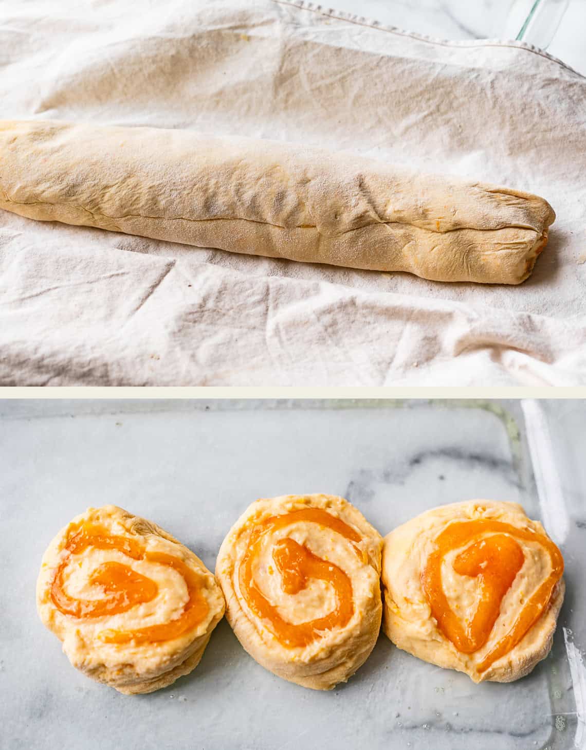 A rolled log of dough rests on a cloth in the top image. In the bottom image, three unbaked pinwheel-shaped pastries with an orange swirl filling are placed on a marble surface.