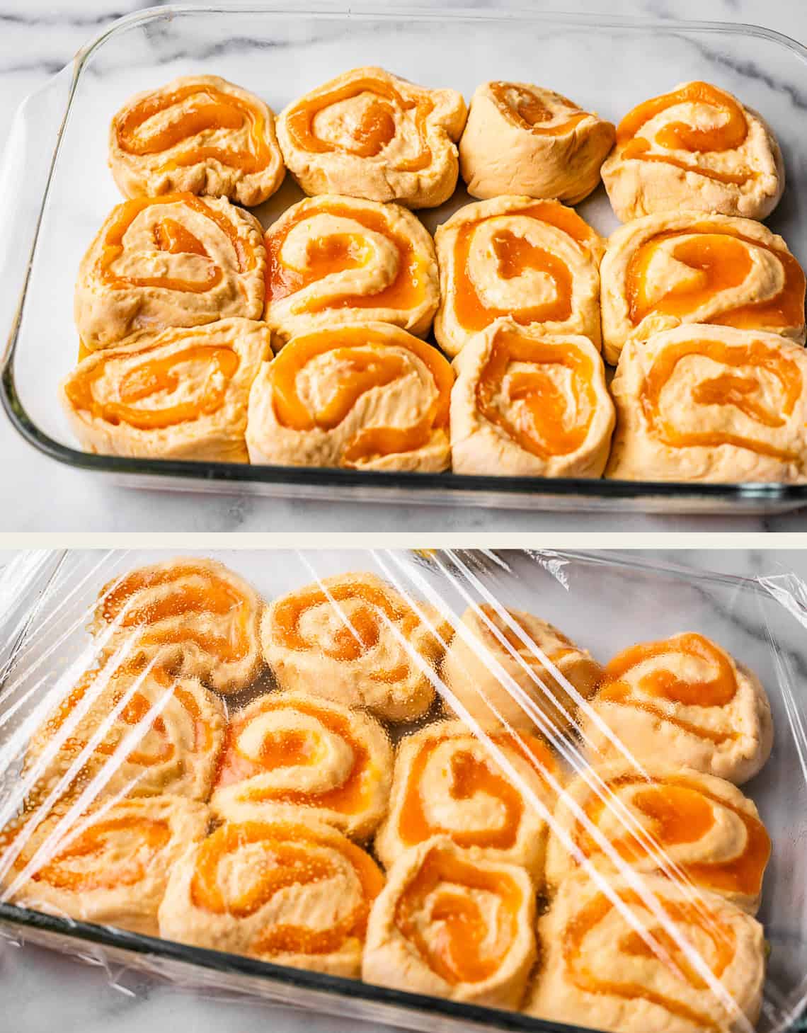 A glass baking dish filled with unbaked orange swirl rolls. In the top image, the rolls are uncovered; in the bottom image, the dish is covered with plastic wrap, preparing for proofing or baking.