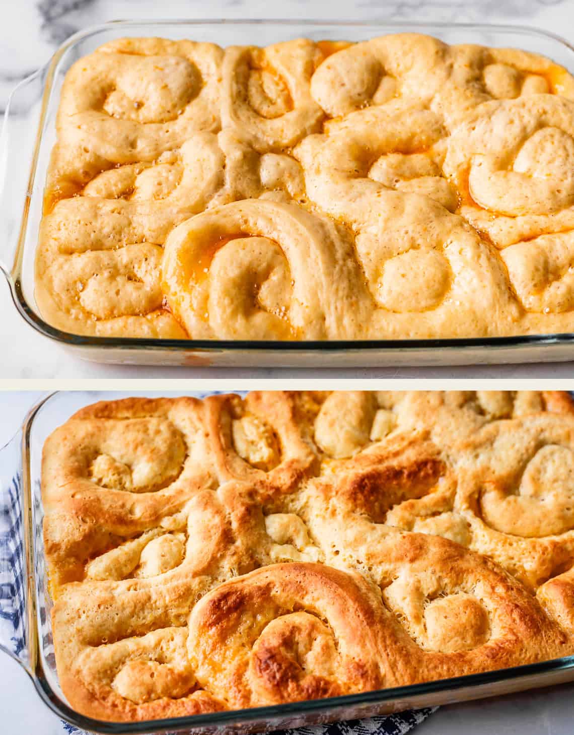 Two photos of a glass baking dish with cinnamon rolls: the top image shows the rolls unbaked with pale dough, while the bottom image shows them after baking, golden brown and puffed up.