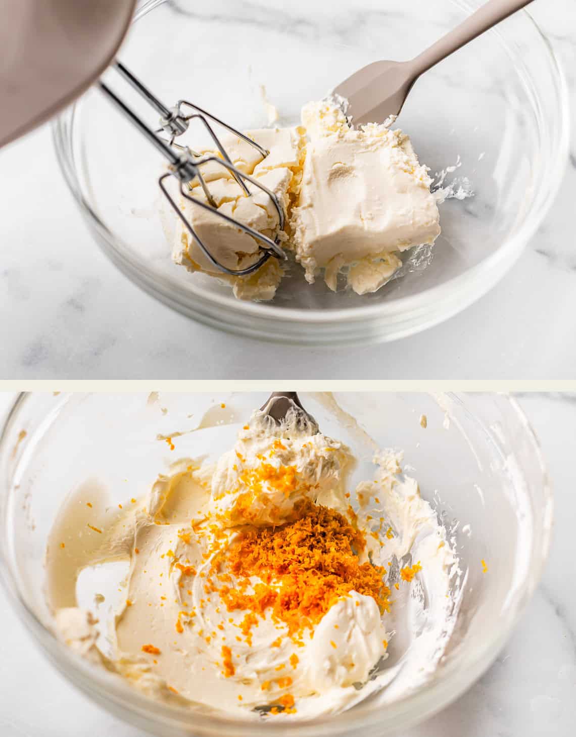 Two photos: the top shows a hand mixer and spatula in a bowl with cream cheese; the bottom shows smooth cream cheese mixture in the bowl with orange zest on top, ready to be mixed in.