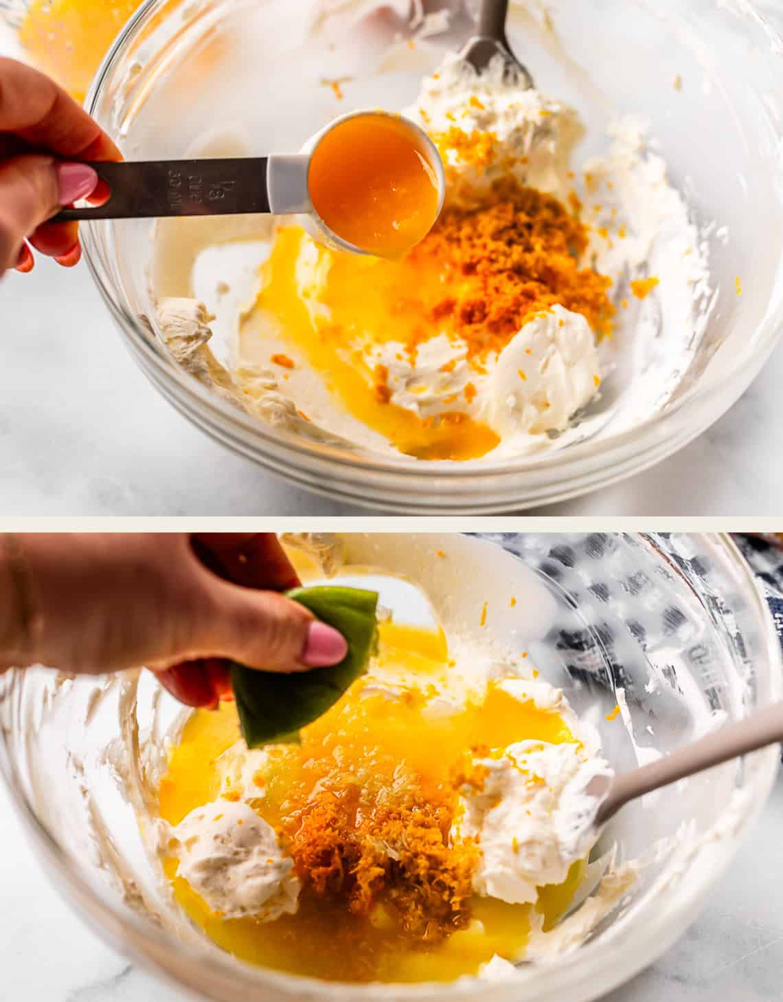 Two images show a hand adding orange juice and zest to a bowl of cream, then squeezing a lime over the mixture, with a spatula and spoon in the bowl on a light surface.