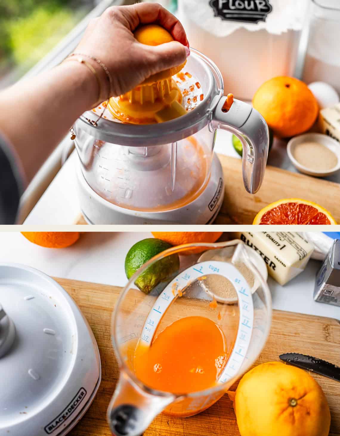 A hand presses an orange half on a juicer in the top image; in the bottom image, freshly squeezed orange juice is being poured into a measuring cup beside assorted fruits and baking ingredients on the counter.