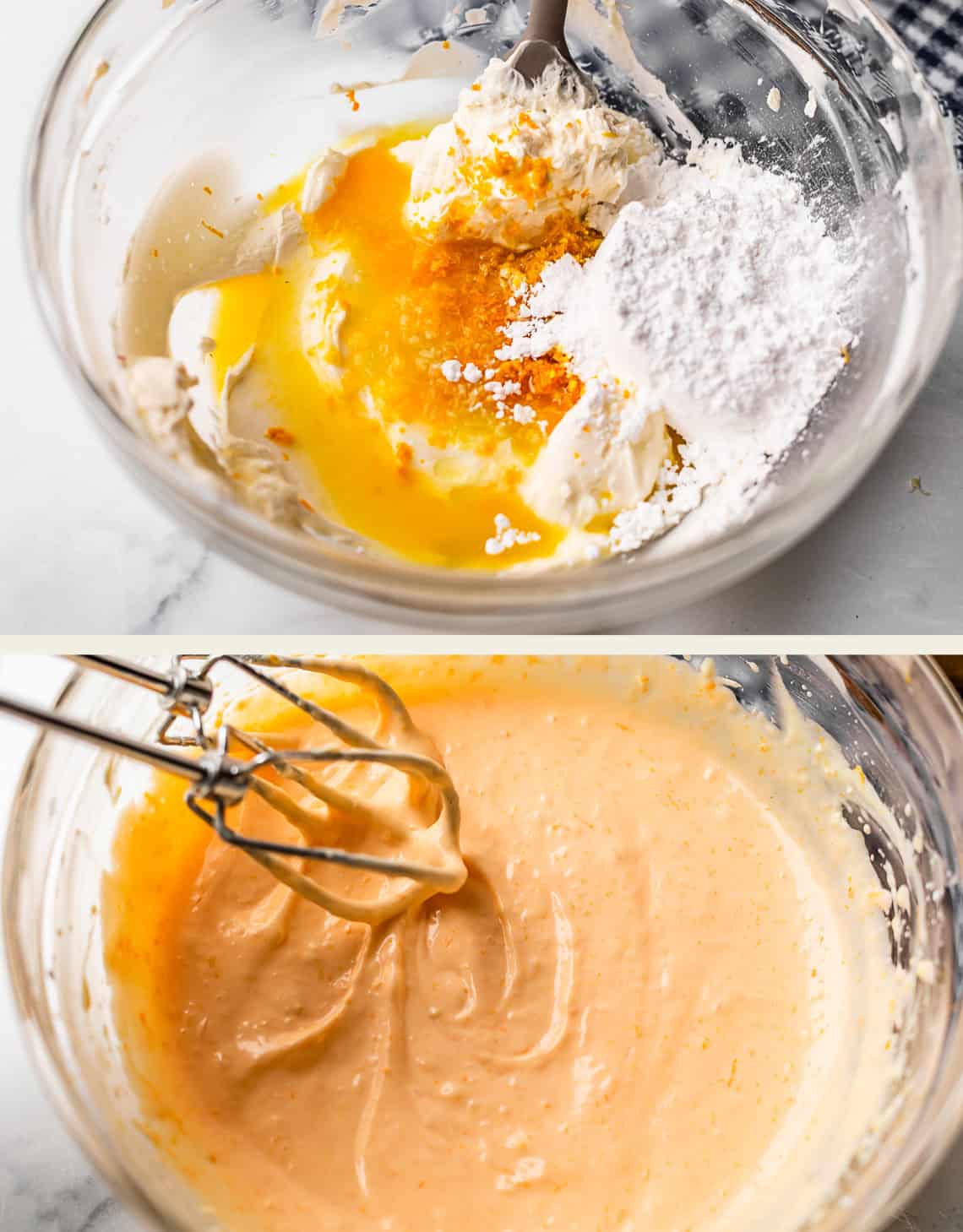 Two photos: The top shows a glass bowl with cream cheese, powdered sugar, egg yolk, and orange zest being mixed with a fork. The bottom shows the same bowl with a smooth, orange-tinted batter and a hand mixer.