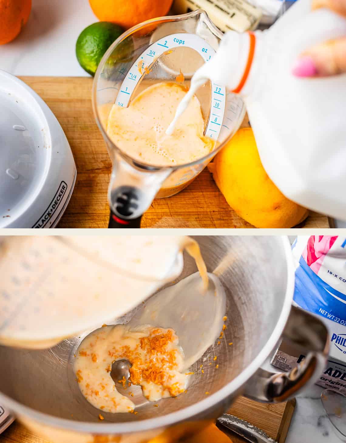 A hand pours milk into a measuring cup on a cutting board with citrus fruits nearby; in the next image, the mixture is poured into a mixing bowl with orange zest.