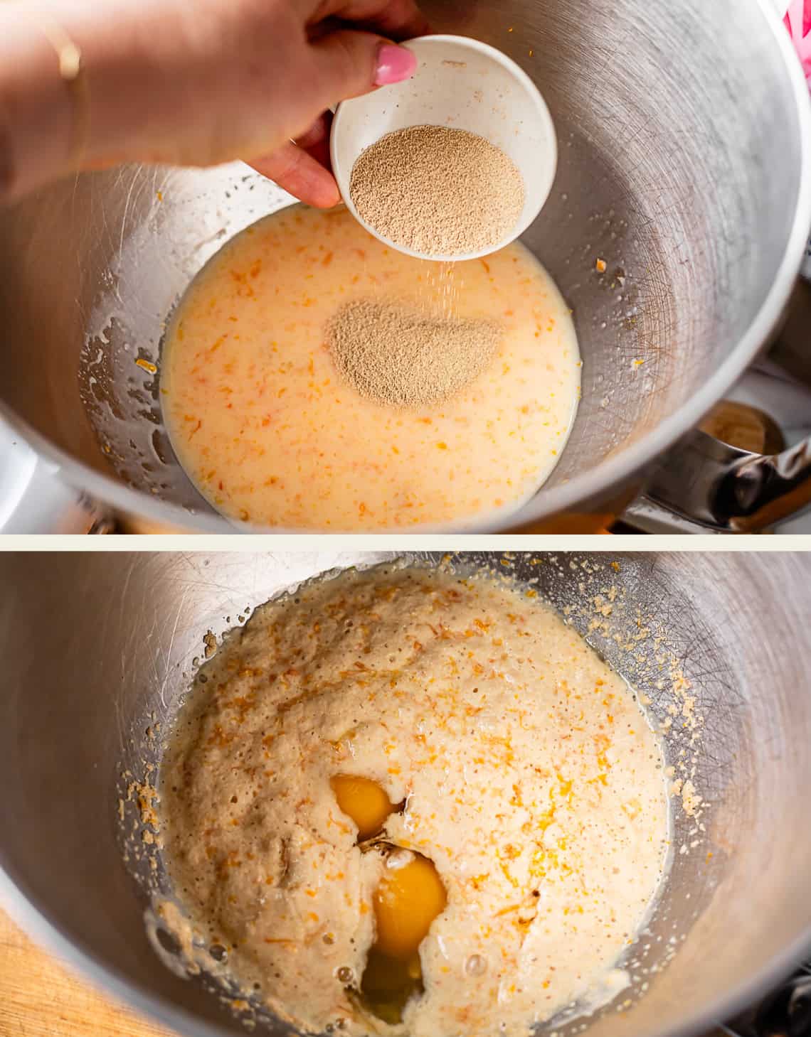 Top: A hand pours yeast from a small white cup into a metal mixing bowl with a liquid mixture. Bottom: Two eggs are cracked into the same bowl, now containing a thick, orange-speckled batter.