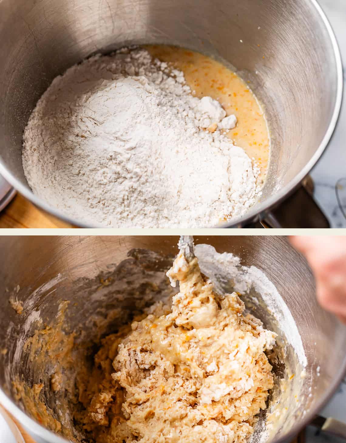 Two images show the stages of mixing dough in a metal bowl: the top image has flour on top of wet ingredients, and the bottom image shows the ingredients partially combined into a thick, lumpy dough.