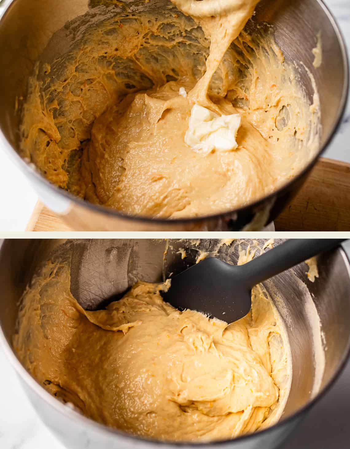 Two photos show dough being mixed in a metal bowl. In the top image, a piece of butter is being added. In the bottom image, a black spatula stirs the now smoother, well-blended dough.