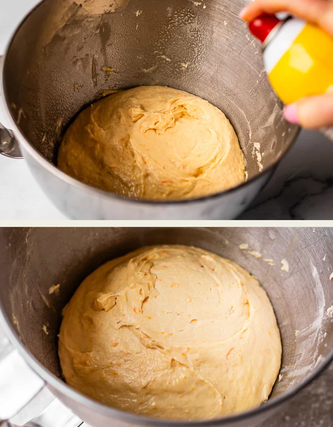 Two images: the top shows a hand spraying oil on dough in a metal bowl; the bottom shows the same bowl with the dough risen, smoother, and larger after proofing.