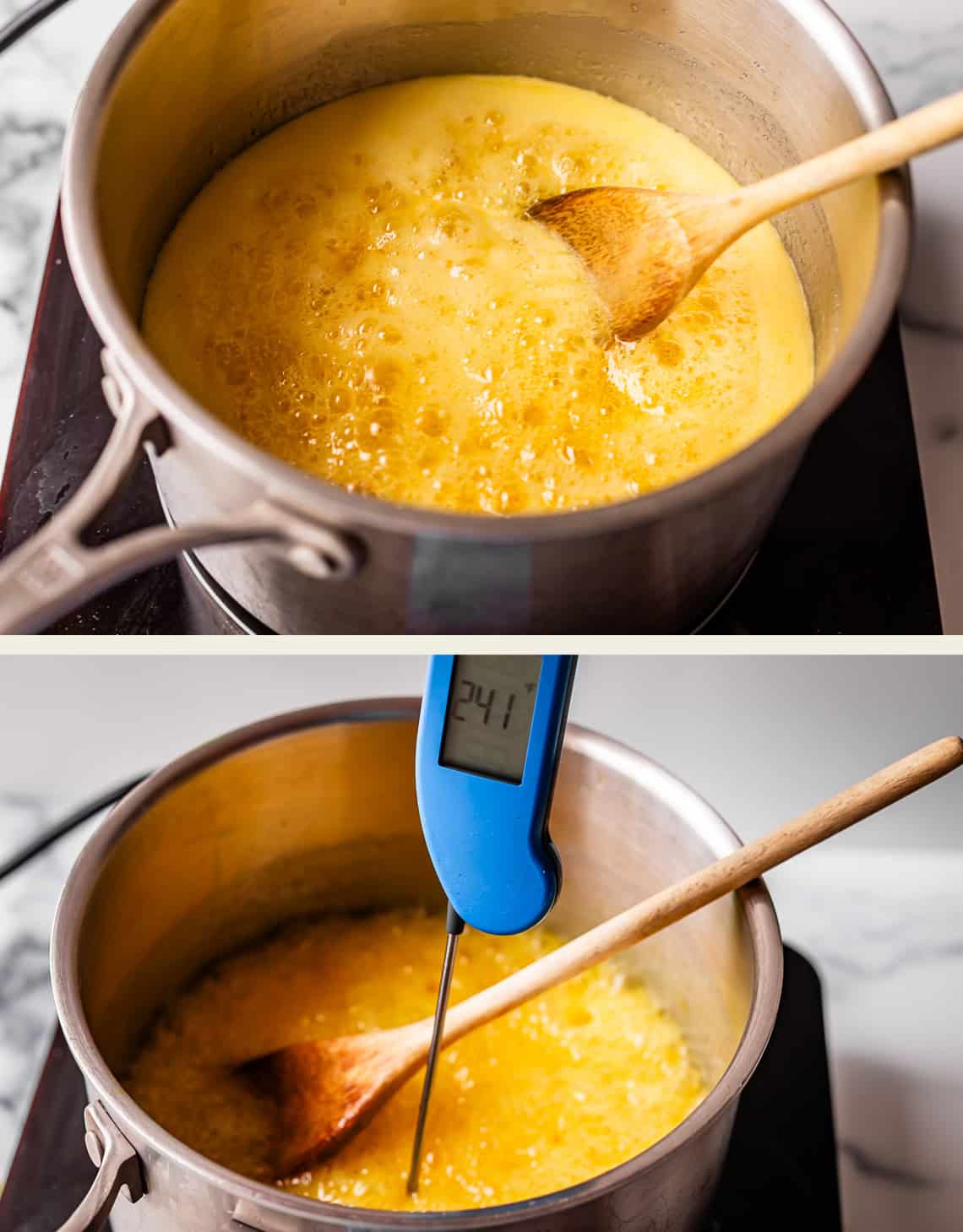 Two images: A saucepan of yellow liquid being stirred with a wooden spoon on a stovetop, and the same saucepan with a thermometer reading 241&deg;F inserted, showing thickened yellow mixture.
