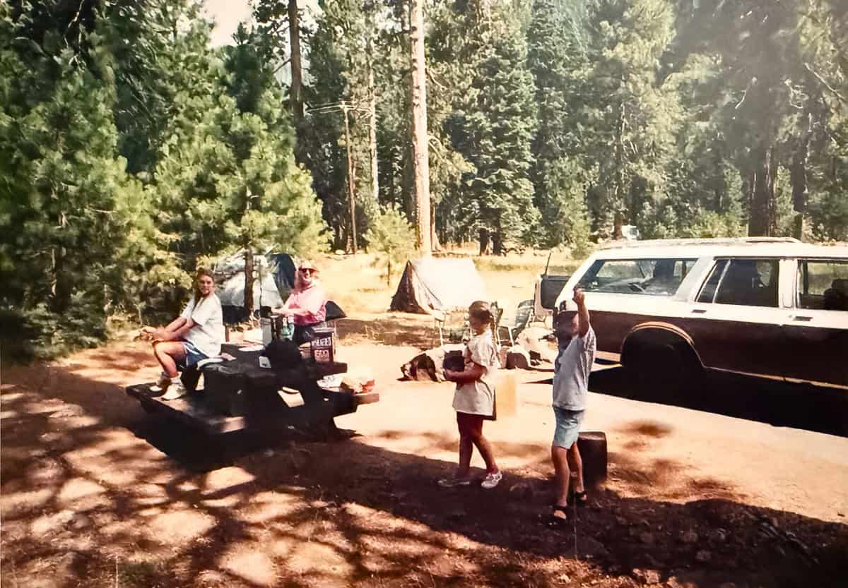 A family at a forest campsite: one adult sits on a picnic table, another stands nearby, and two children walk holding items. A station wagon and tents are visible among tall pine trees in the background.