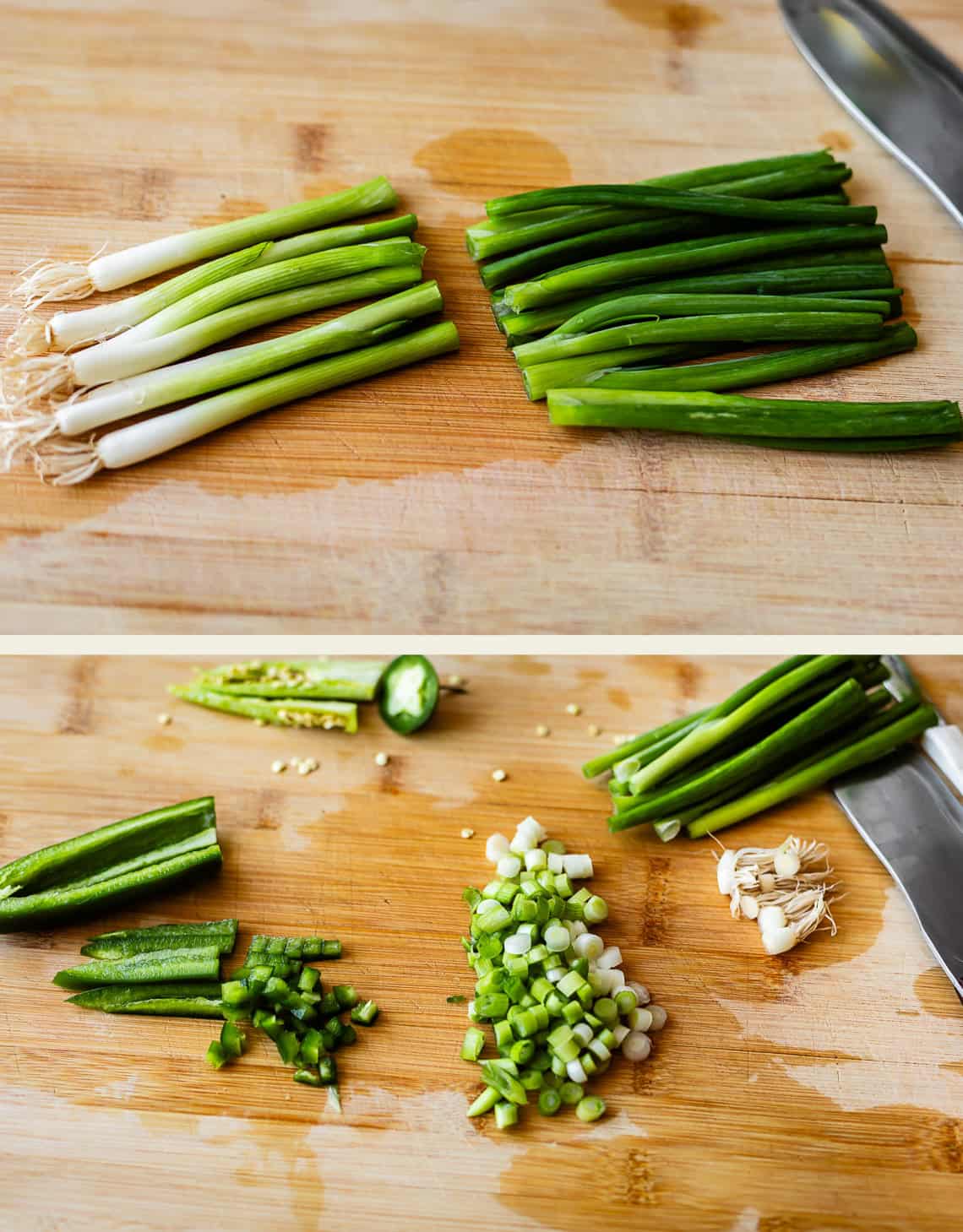 Two images: The top shows whole green onions, both white and green parts, arranged on a wooden cutting board next to a knife. The bottom shows chopped green onions and sliced jalape&ntilde;o on the same board.