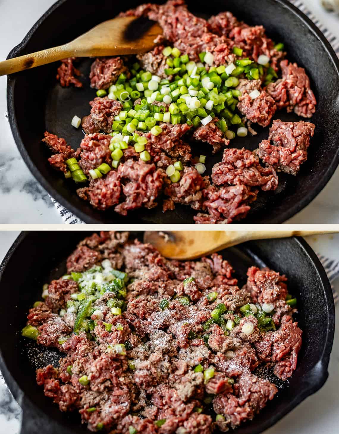 Two images of a cast iron skillet with ground beef and chopped green onions being cooked. In the second image, the mixture is sprinkled with seasonings and stirred with a wooden spoon.