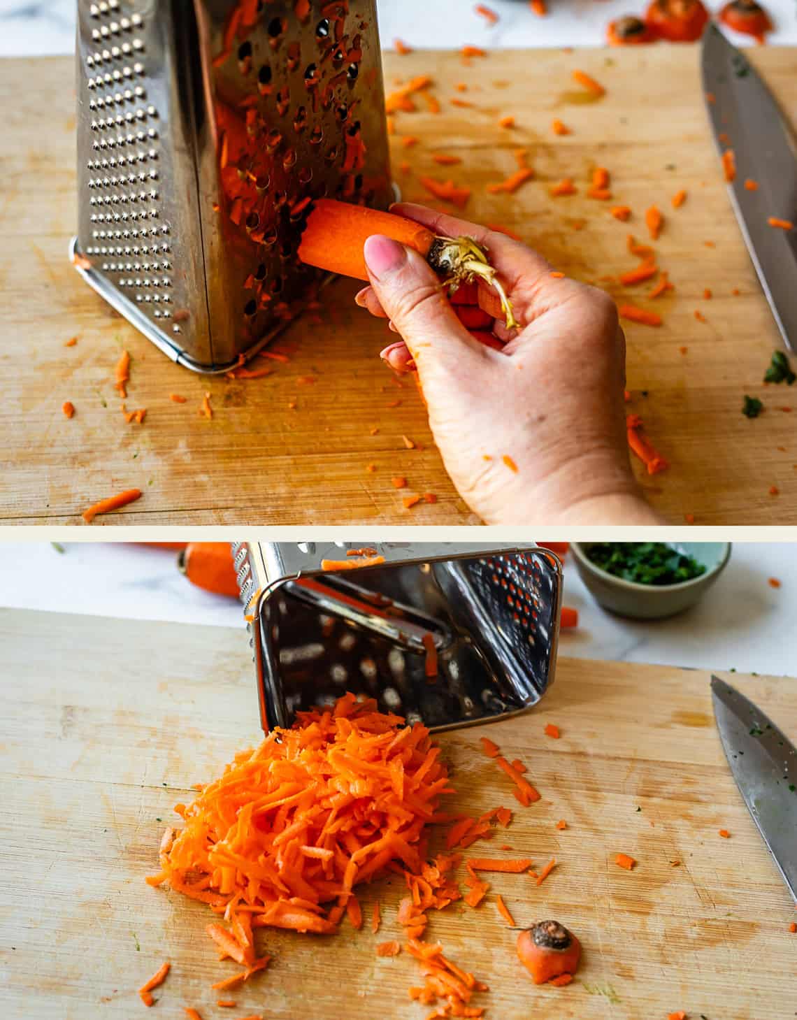Two images: The first shows a hand grating a carrot on a box grater over a wooden cutting board. The second shows a pile of freshly grated carrot on the board, with some carrot pieces and a knife nearby.