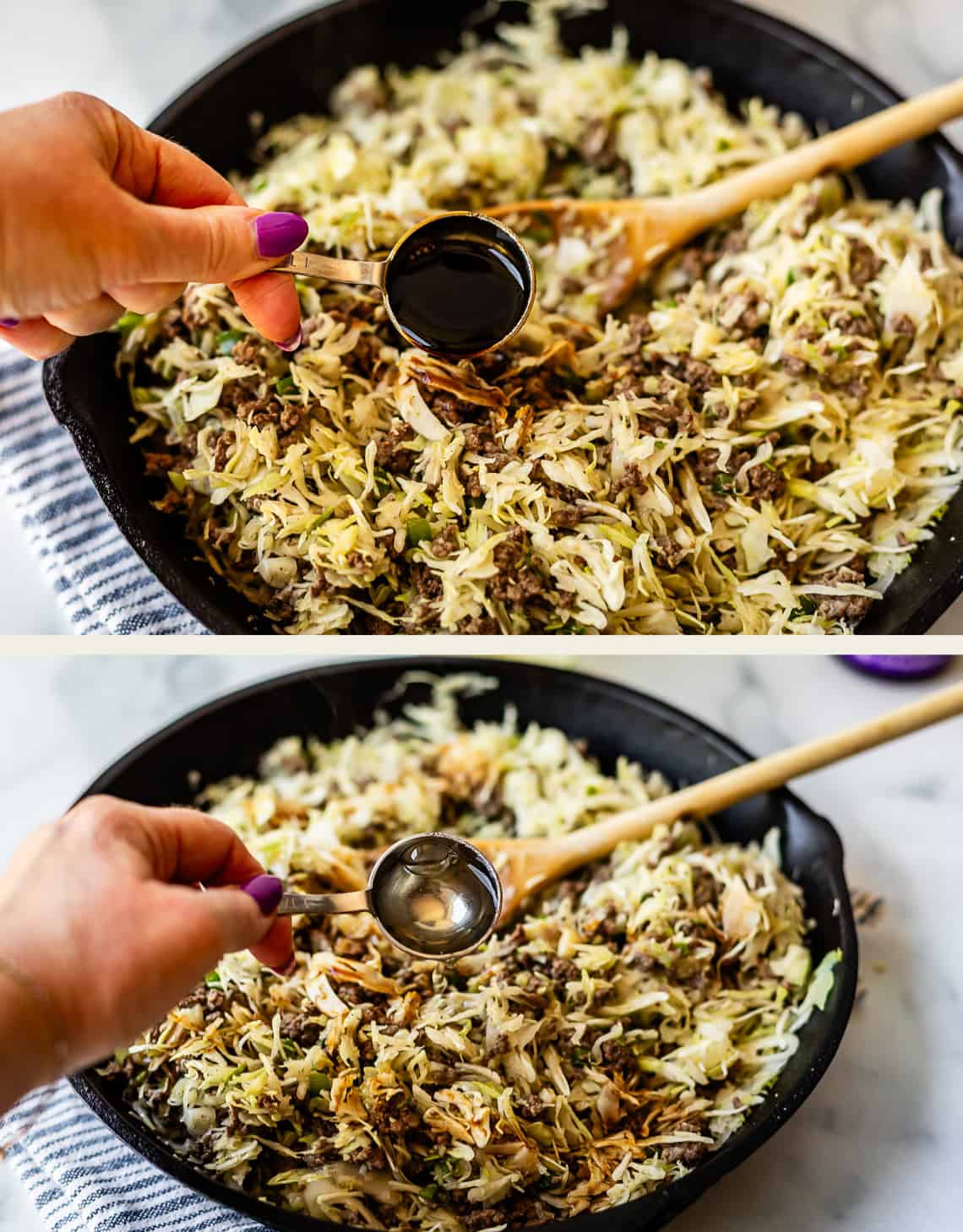 Two photos show a hand with purple nail polish adding liquid ingredients with a tablespoon to a skillet filled with cooked ground meat and shredded cabbage, being stirred with a wooden spoon.