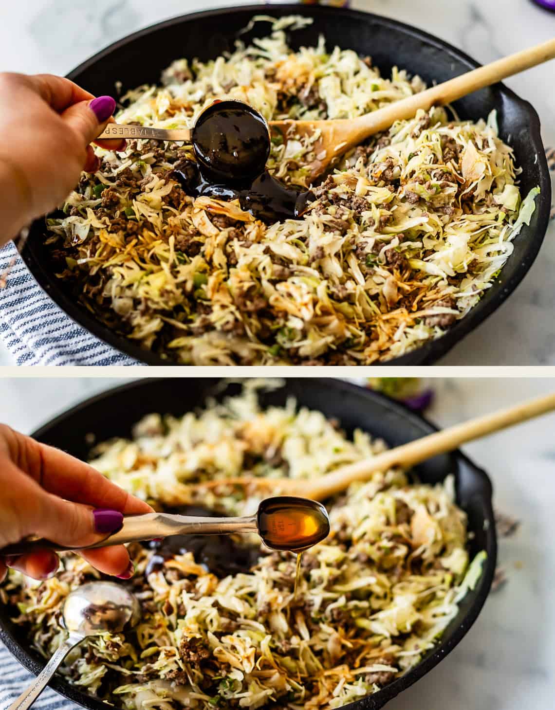 Two images show a hand holding a measuring spoon above a skillet filled with shredded cabbage, vegetables, and ground meat. In the first, dark sauce is being added; in the second, a lighter sauce is being poured in.