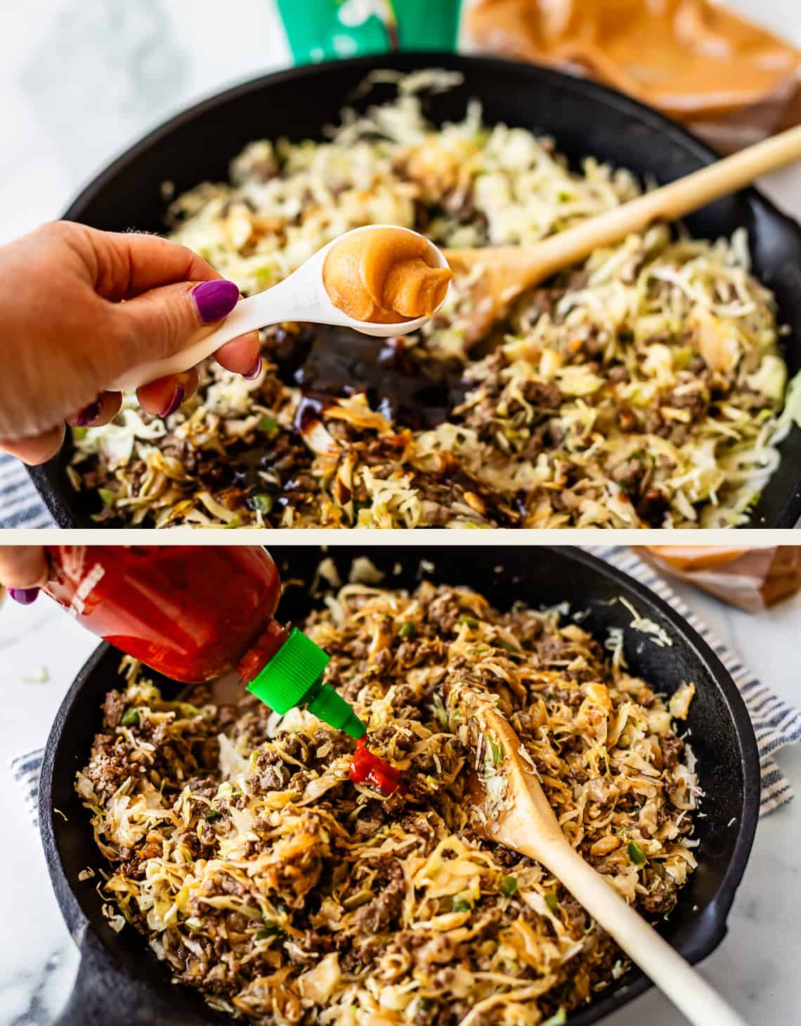 Two images: The top shows a hand holding a spoonful of peanut butter over a skillet filled with cooked beef, cabbage, and sauce. The bottom shows sriracha being squeezed into the same skillet mixture, with a wooden spoon in the pan.
