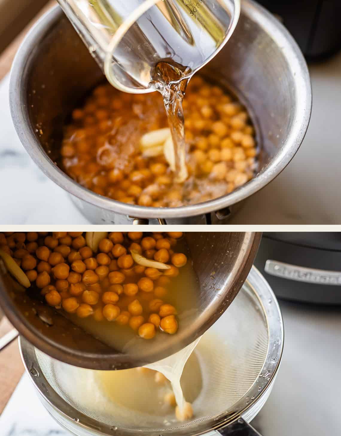 Two images: the top shows water being poured into a pot containing chickpeas and onion slices; the bottom shows the cooked chickpeas and liquid being strained through a fine mesh sieve into a bowl.