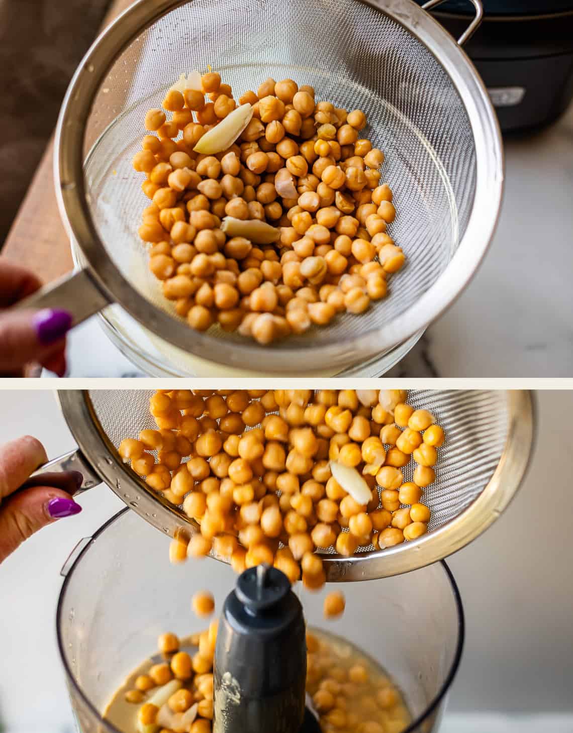 Two photos: The top shows a strainer with chickpeas and garlic cloves held over a bowl. The bottom shows the chickpeas and garlic being poured from the strainer into a food processor.