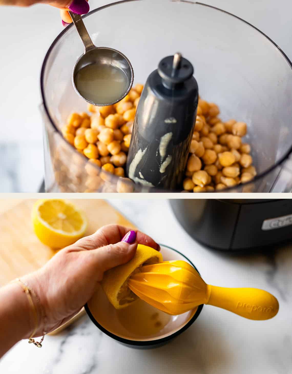 Top: A hand pours lemon juice from a metal measuring cup into a food processor filled with chickpeas. Bottom: A hand squeezes a lemon half using a yellow citrus juicer over a bowl.