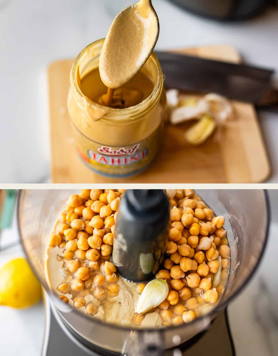Top: A spoonful of creamy tahini hovers over an open jar on a cutting board with garlic cloves and a knife. Bottom: Chickpeas, tahini, and garlic are in a food processor, ready to be blended.