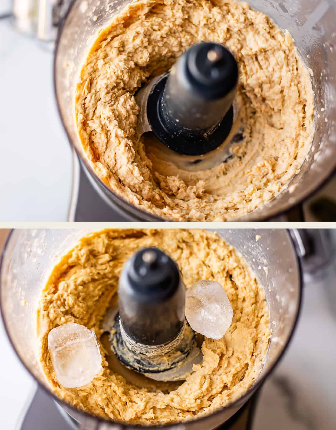 Two photos of a food processor with dough inside; the first shows the dough being mixed, and the second adds two ice cubes on top of the dough around the blade.