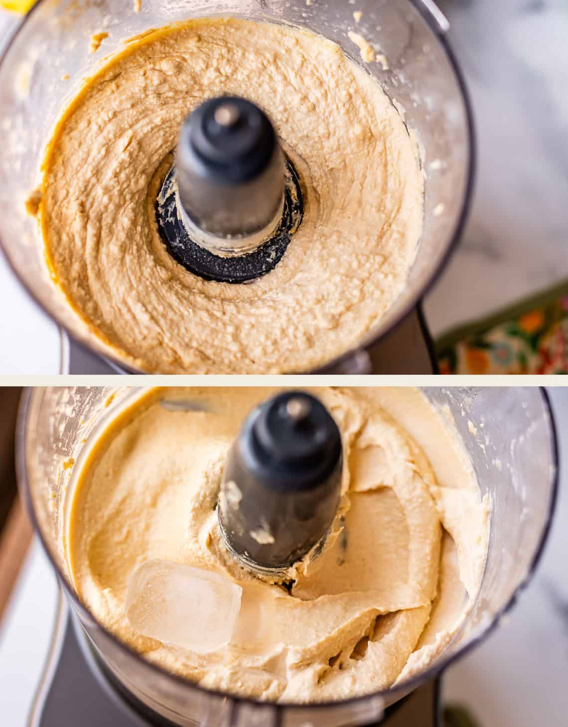 Two close-up views of a food processor containing creamy, blended hummus; the second image shows a few ice cubes added on top of the mixture.