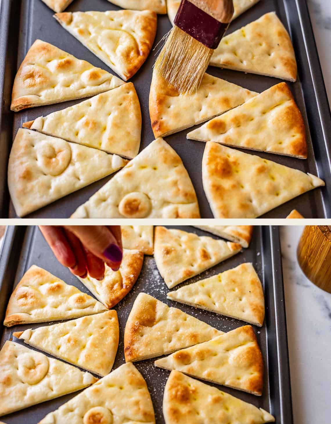 Two images of a baking tray with sliced flatbread. In the first, a hand brushes oil on the bread; in the second, another hand sprinkles salt over the slices. The bread is golden and arranged neatly on the tray.