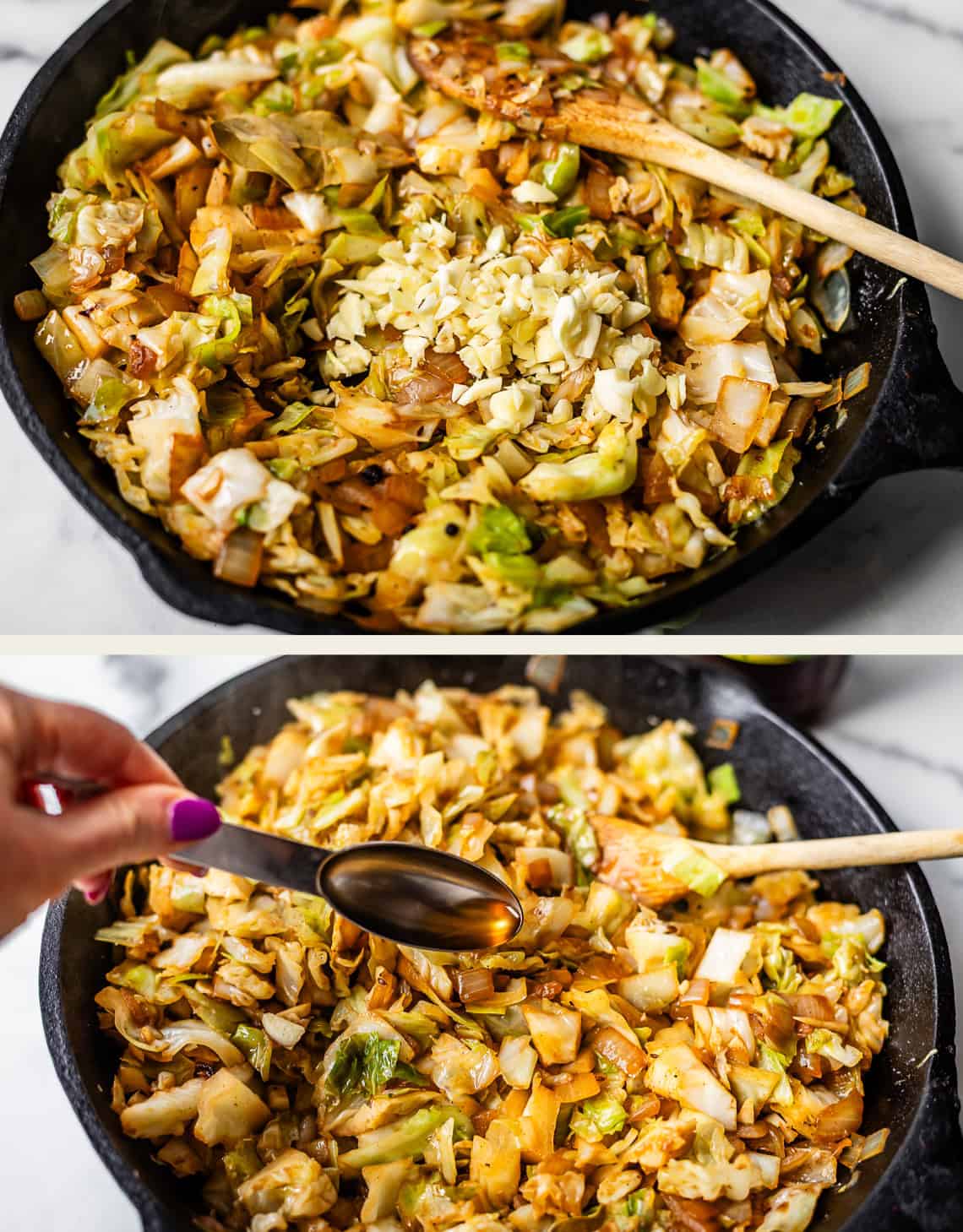 Two images show a cast iron skillet with saut&eacute;ed cabbage. The first image has minced garlic on top and a wooden spoon. The second image shows a hand holding a spoon, pouring liquid over the cooked cabbage mixture.