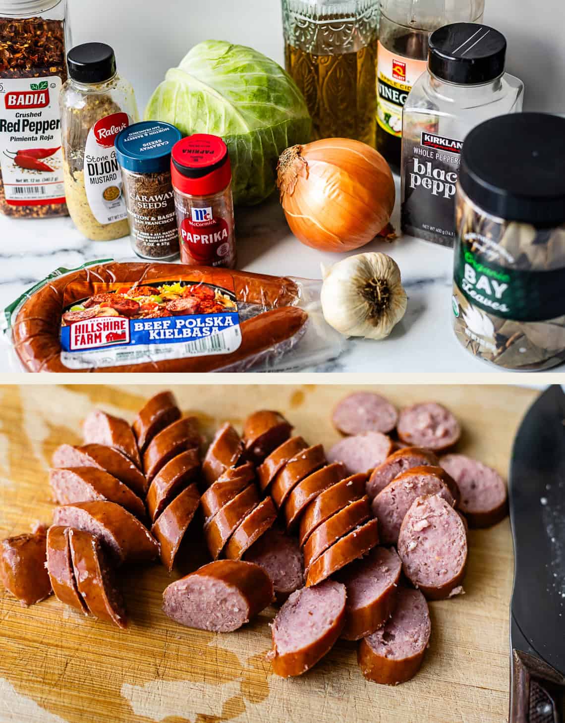 A display of ingredients for a sausage and cabbage dish: cabbage, onion, garlic, spices, vinegar, and a package of beef Polska kielbasa. Below, the kielbasa is sliced on a cutting board with a knife.