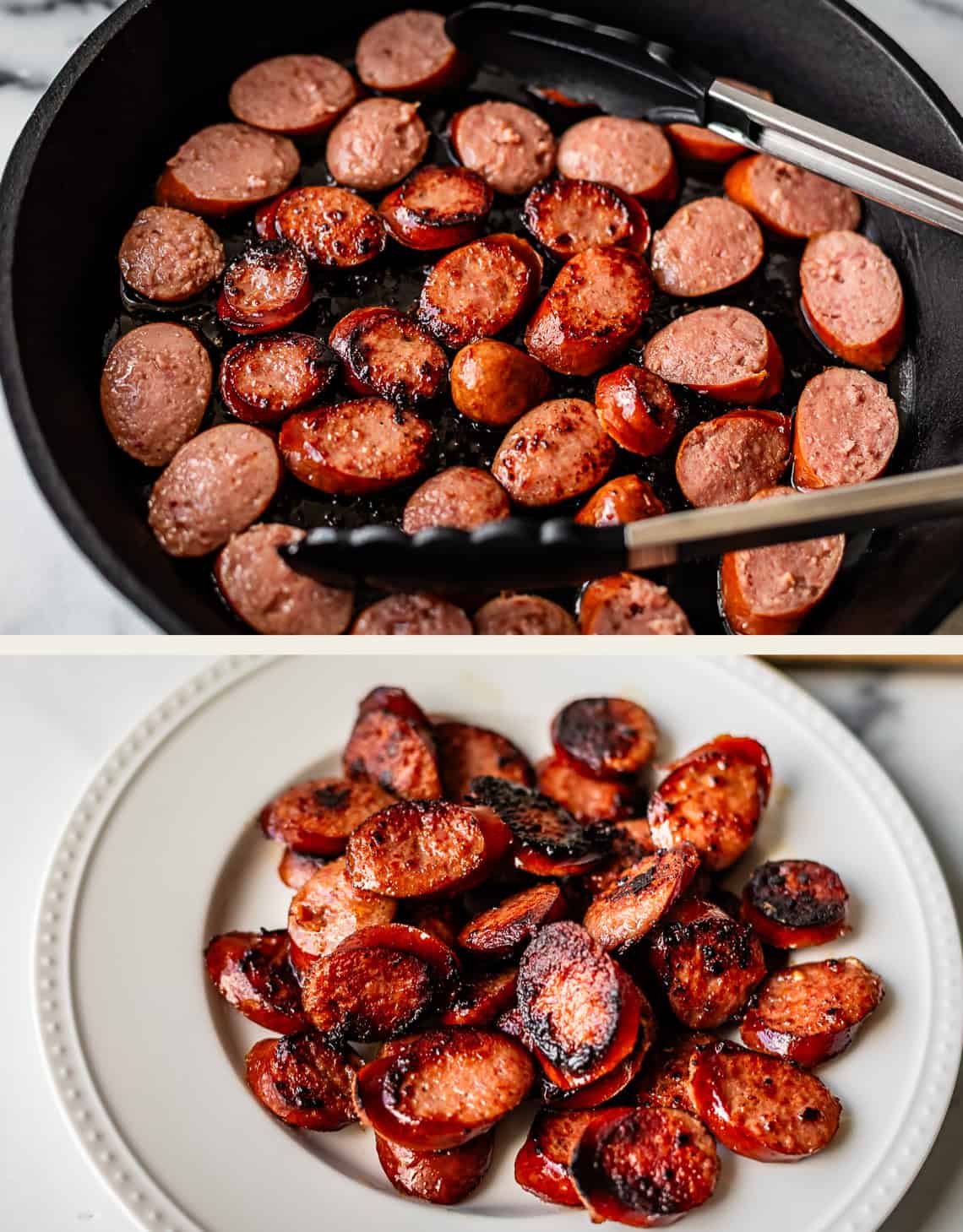 Sliced sausage pieces being cooked in a skillet with tongs, and then served browned and crispy on a white plate.