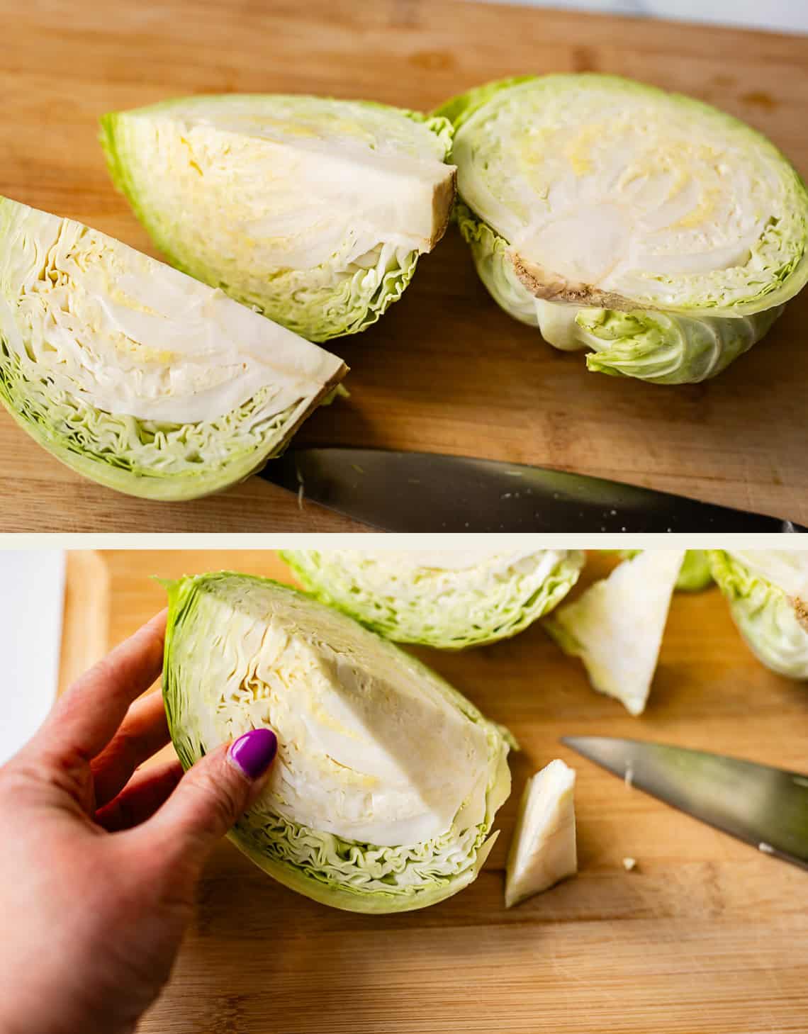 Two images showing a cabbage being cut on a wooden board. The first image shows a cabbage sliced into wedges with a knife nearby. The second shows a hand holding a cabbage wedge while cutting off the core.