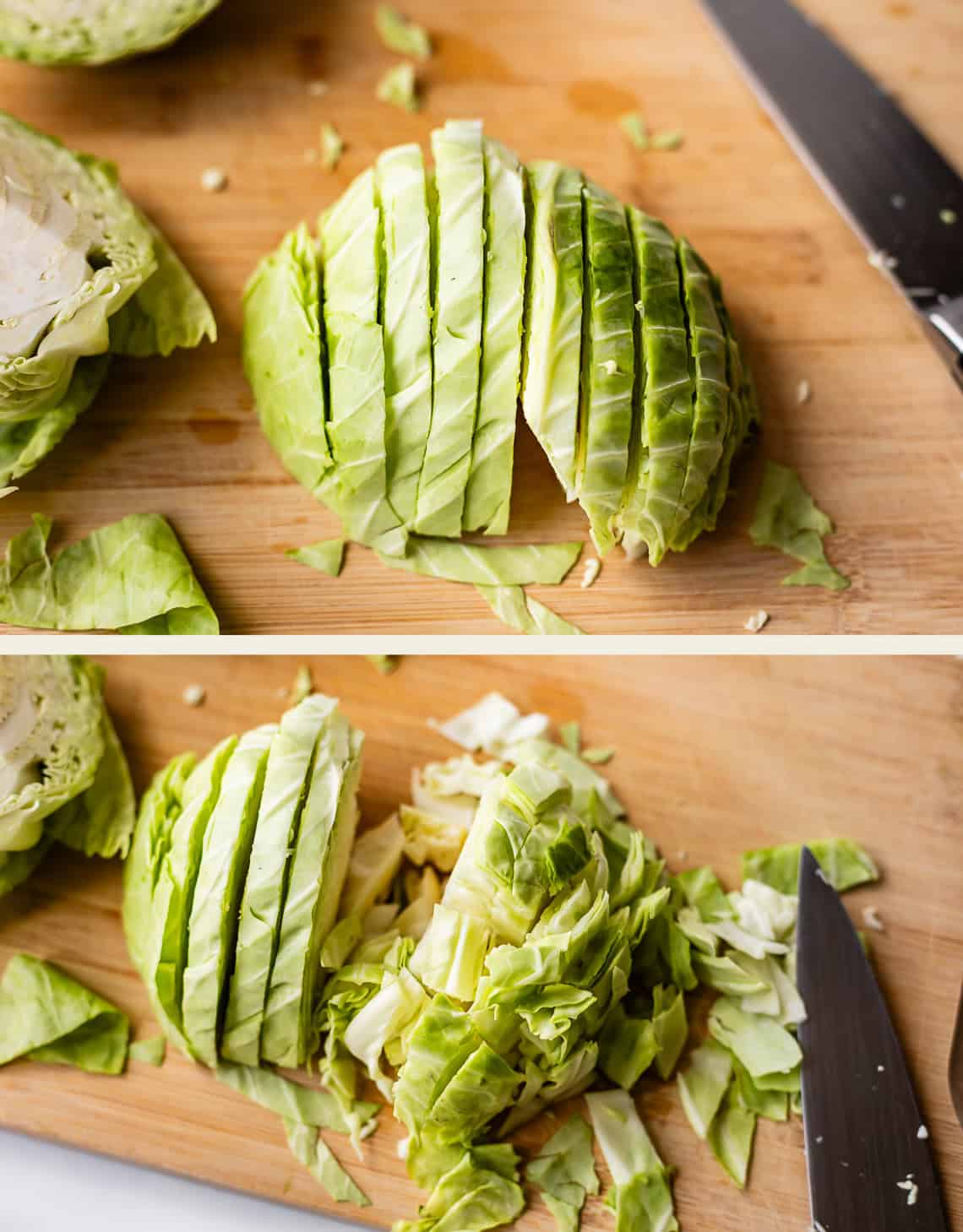Two images show a half head of cabbage being sliced on a wooden cutting board with a large knife beside it. The cabbage is cut into thin strips, with loose pieces scattered around.