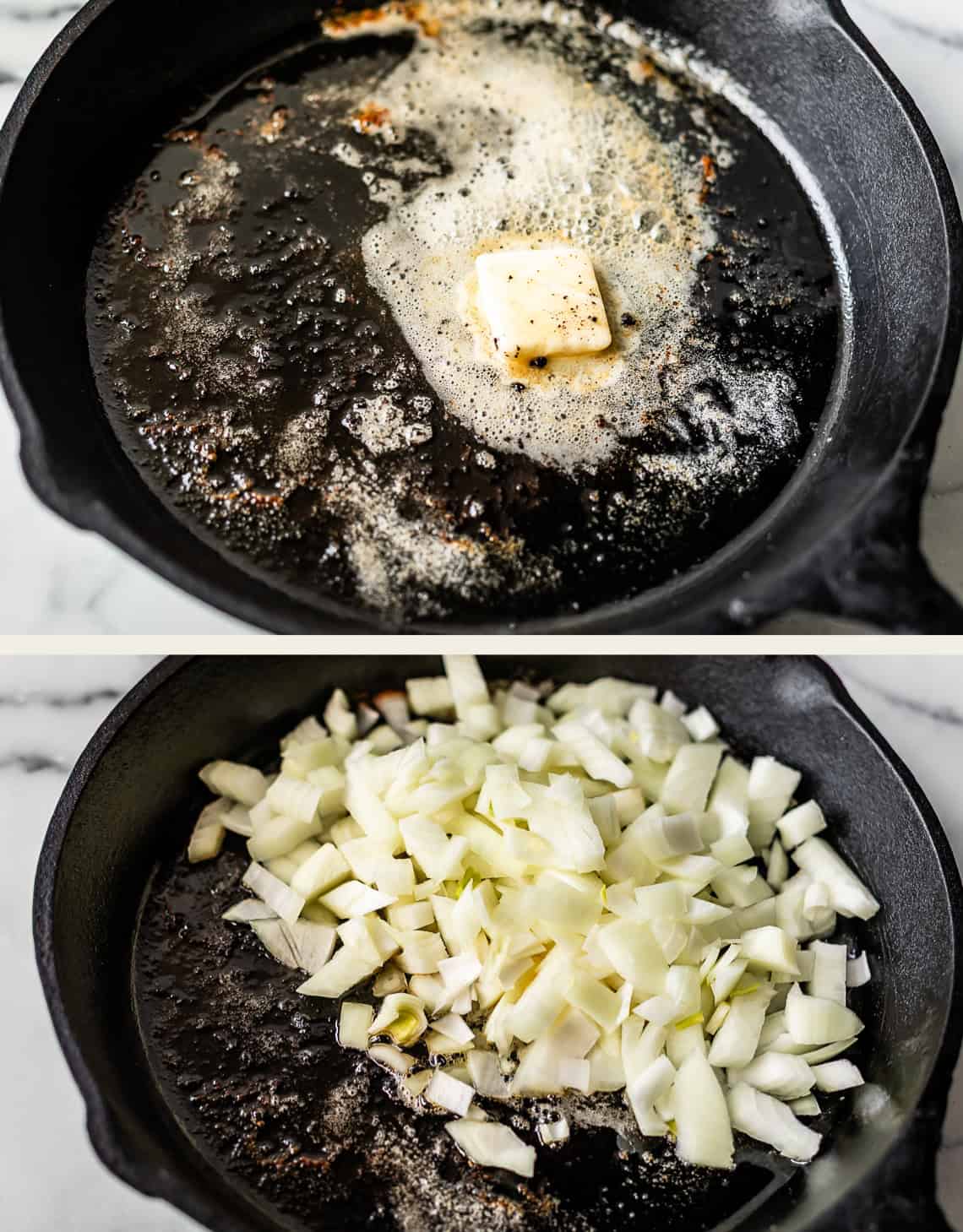 Two images: The top shows a pat of butter melting with pepper in a black cast iron skillet. The bottom shows the same skillet now filled with chopped onions, ready to be cooked.