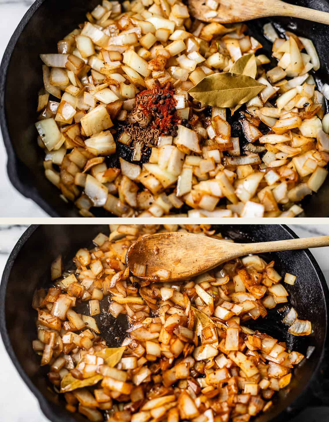 Two images show chopped onions cooking in a cast iron skillet. The top image includes a pile of spices and two bay leaves in the center, while the bottom image shows the spices mixed in with the softened onions and a wooden spoon.
