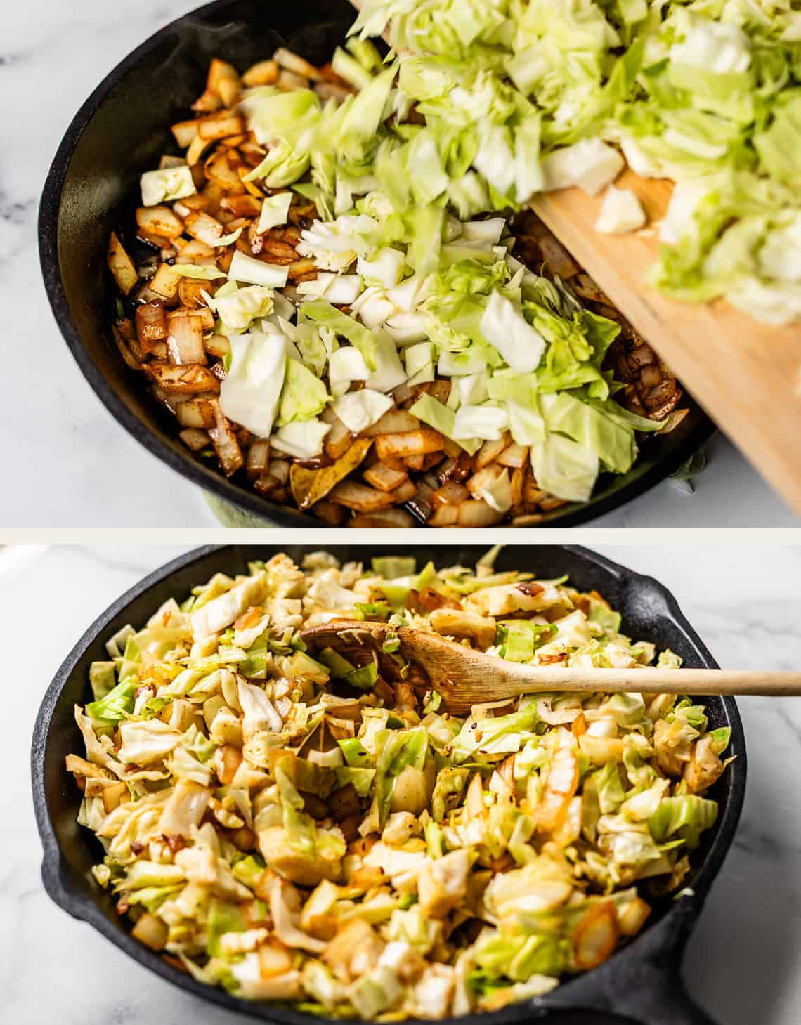 Two images show a cast-iron skillet on a marble countertop. The first image displays chopped cabbage being added to saut&eacute;ed onions. The second image shows the cabbage and onions mixed and being stirred with a wooden spoon.