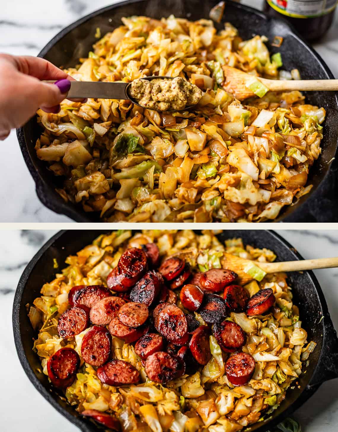 Two images show a skillet filled with saut&eacute;ed cabbage. In the first, a hand adds a spoonful of mustard. In the second, sliced, browned sausage has been added on top of the cooked cabbage mixture.