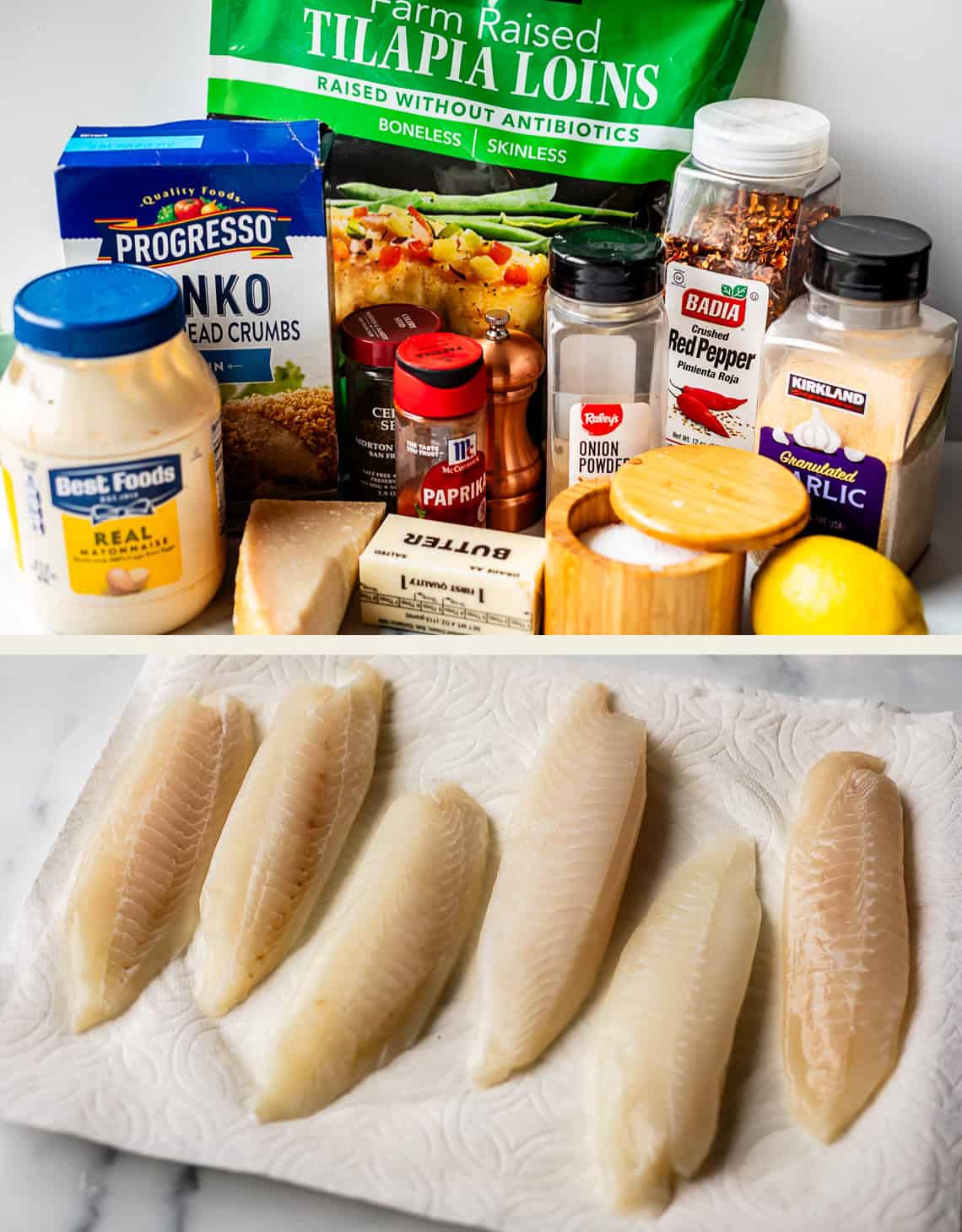 Two images: The top shows various ingredients for a recipe, including tilapia loins, bread crumbs, mayonnaise, spices, cheese, lemon, and butter. The bottom shows five raw tilapia fillets on paper towels.