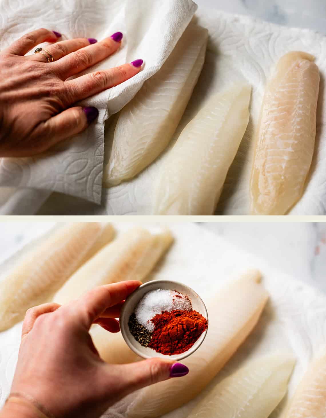 A person patting raw white fish fillets dry with a paper towel, then holding a small bowl of salt, pepper, and paprika above the fillets.