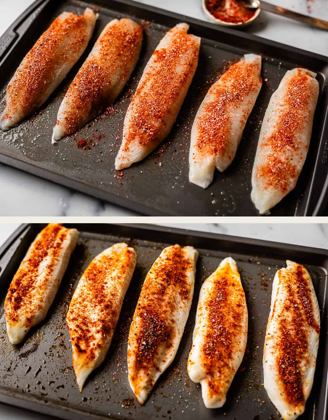 Two images show fish fillets on a baking tray, seasoned with spices. The top image shows the raw, seasoned fillets; the bottom image shows the same fillets after being baked, with a golden, cooked appearance.