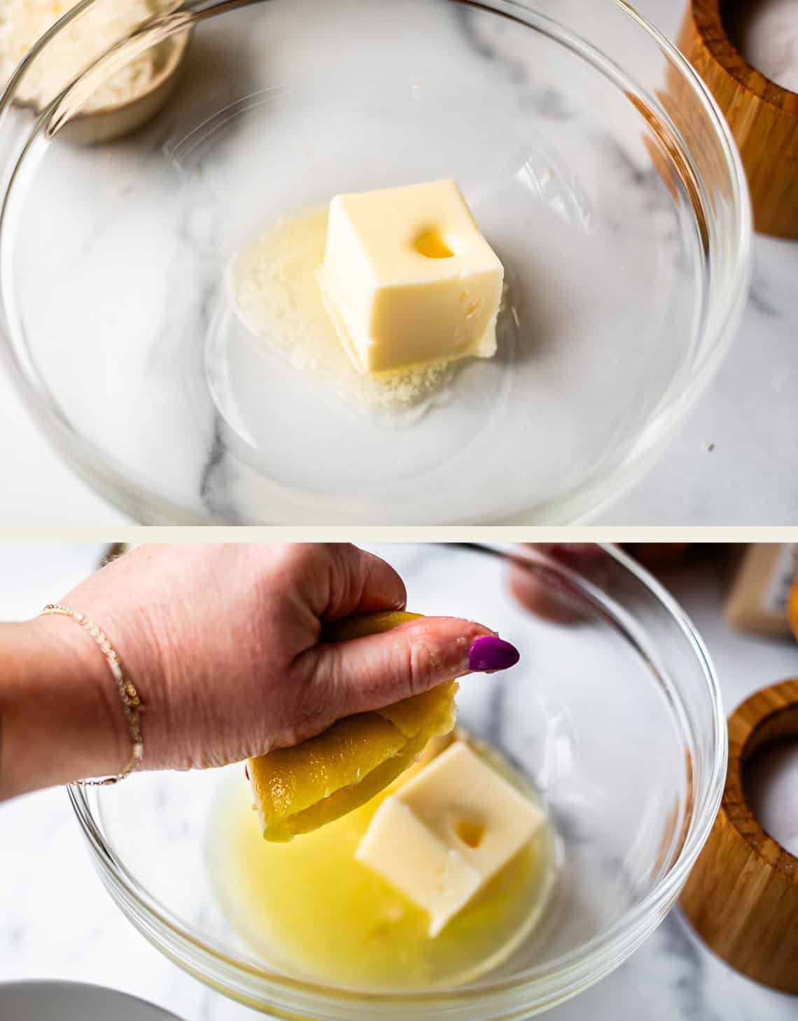 Two-panel image: The top shows a glass bowl with a block of butter starting to melt. The bottom shows a hand squeezing the melted butter out of the bowl, with only a small piece of butter left.