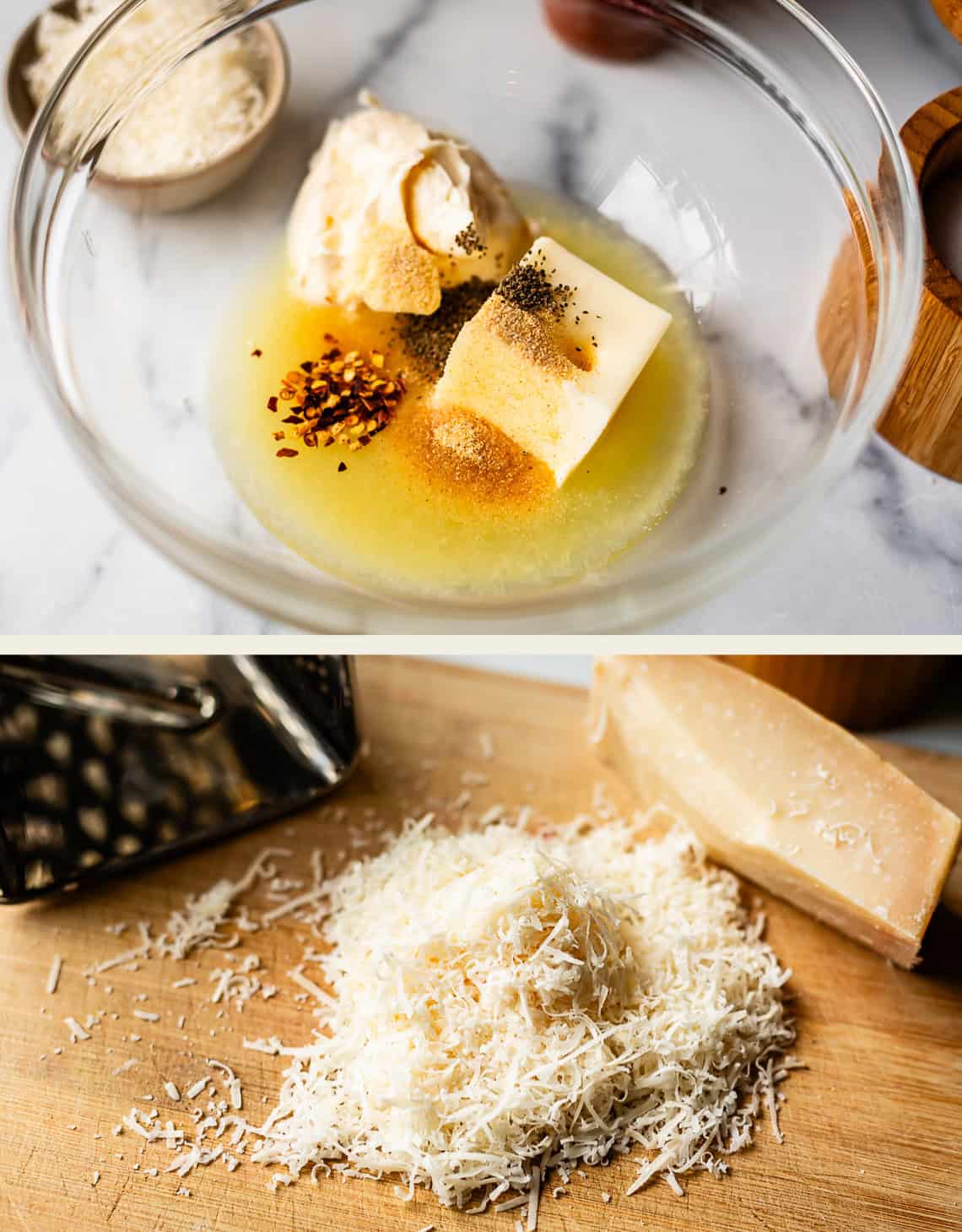 Top: Glass bowl with butter, cream cheese, shredded cheese, and spices. Bottom: Freshly grated cheese on a wooden board next to a grater and a wedge of cheese.