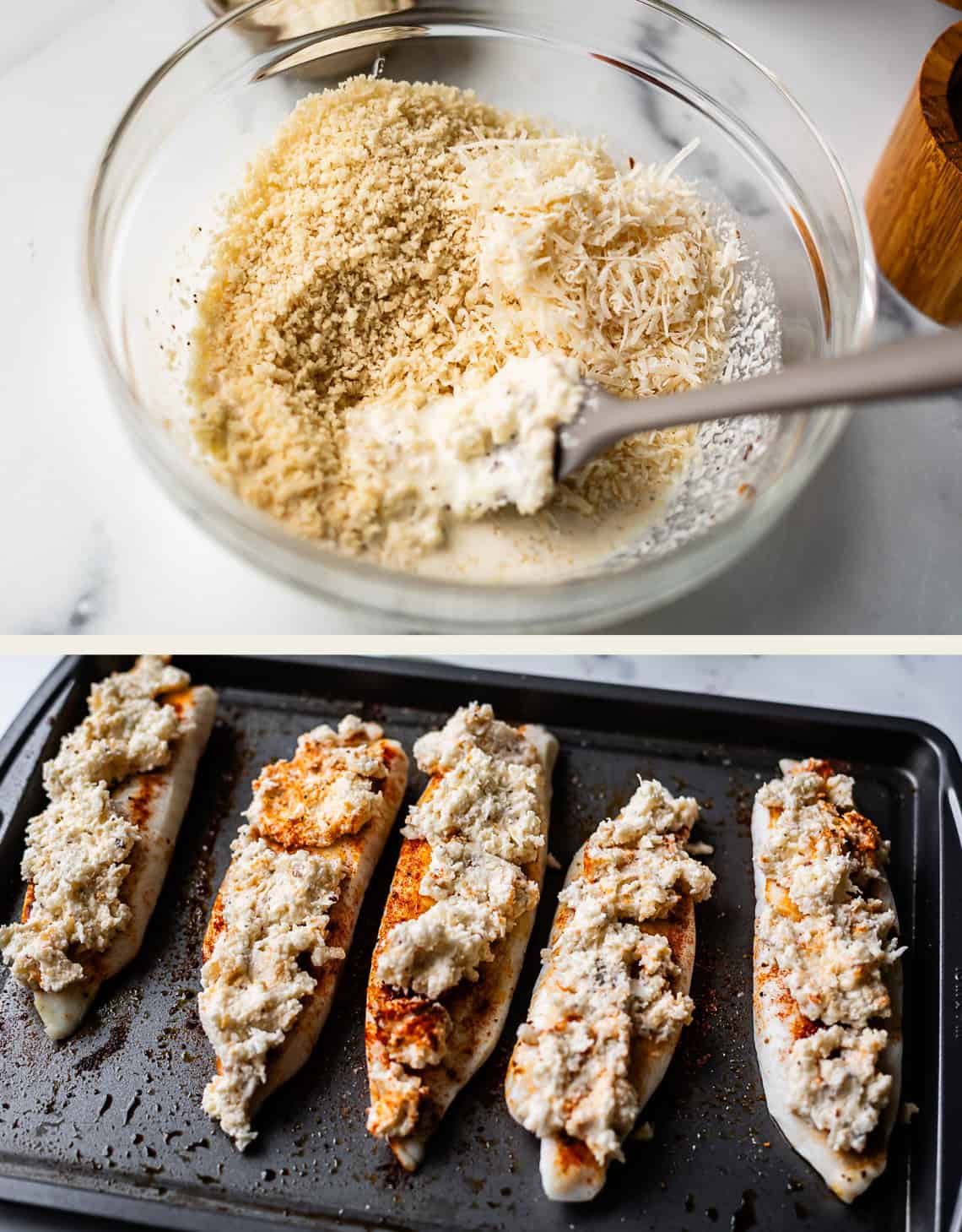 A bowl with a breadcrumb and cheese mixture being stirred with a spoon (top), and four fish fillets on a baking sheet topped with the same mixture, ready to bake (bottom).